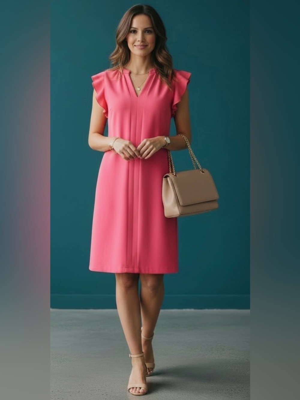 Vince Camuto Coral Pink V-Neck Shift Dress with Flutter Sleeves